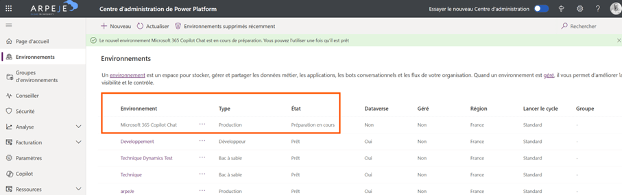 environnement developpement Power Platform